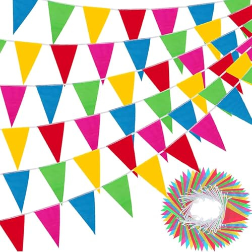 VIKY Wimpelkette Outdoor Wetterfest,100M Beidseitig Wimpelkette Kinderzimmer,Wimpelketten Geburtstag,Wimpelketten Stoff Bunt Girlande Banner Fahne für Kinderzimmer Geburtstag Party Hochzeit Dekoration