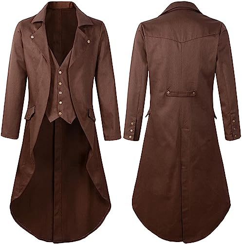 RLEHJN Steampunk Jacket Men UK Sale Clearance Long Coat Vintage Tailcoat Jacket Gothic Victorian Frock Coat Uniform Costume Single Breasted Trench Coat Autumn Casual Lapel Collar Overcoat