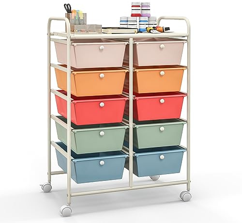 TANGZON 10 Drawers Storage Cart, Rolling Utility Cart with Lockable Wheels, Multipurpose Mobile Organizer Trolley for Home Office Stationery Beauty & Salon (Macaron)
