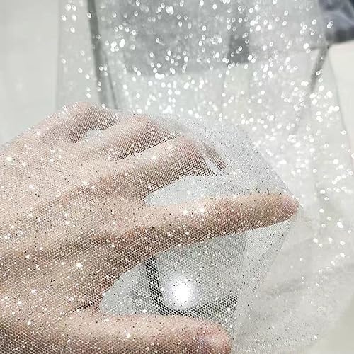 100cm x 150cm Soft Glitzer Tüllstoff Netzstoff zum Nähen, Bling Tüll Mash Stoffe Dekostoff für DIY Basteln Bekleidung Tüllrock Hochzeitskleid Schleier Vorhänge Tischdecken Hochzeit Party Deko,Weiß