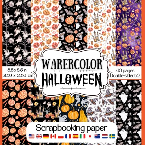 Watercolor Halloween Pattern Scrapbook Paper: Collection of double sided decorative Halloween craft paper sheets for scrapbooking, collage art, ... projects to create lasting holiday memories