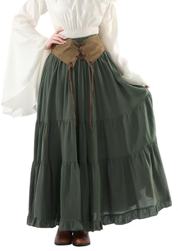 Fiamll Mittelalter Rock Damen A-Linie Lang, Elastische Taille mit Kordelzug, Renaissance Maxirock Grün, Victorianischer Stil, L