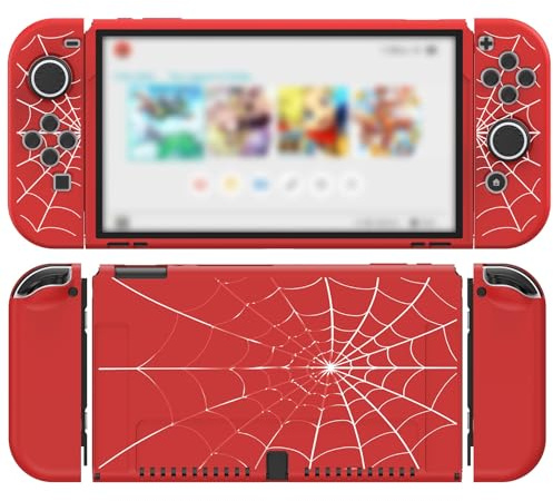 JINGDU Fodral kompatibelt med OLED 2021, TPU-fodral tillbehör för Switch-konsol och grepp Joy-Con, switchskydd med 4 tumgrepp, röd spindelnät