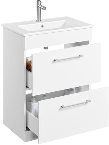 Yaheetech Badezimmerunterschrank Waschbeckenunterschrank mit Waschbecken & 2 Schubladen Einbauwaschbecken Badmöbel-Set Badschrank Unterschrank mit Keramikbecken viel Stauraum Weiß, 61 × 40 × 81 cm