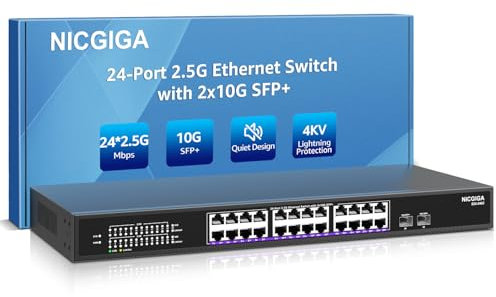 26 Port 2.5Gb Unmanaged Ethernet Switch with 24* 2.5G Base-T Ports, 2* 10G SFP+ Ports. NICGIGA 2.5Gbps Network Switch for 2.5Gbps NAS/PC, WiFi6 Router, Wireless AP.