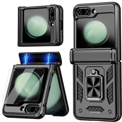ELESNOW for Samsung Galaxy Z Flip 6 Case with Hinge Protection & Screen Protector, Rotatable Ring Stand Rugged Armor Shockproof Phone Case Cover for Samsung Galaxy Z Flip6 5G (Black)