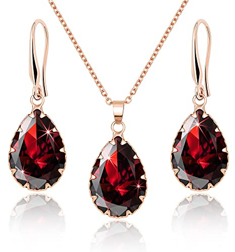 Linawe Conjuntos de joyas de rubí rojo para mujer, conjunto de pendientes colgantes para mujer, collar y colgante, cadena de oro rosa, joyería nupcial, conjunto de joyas de moda