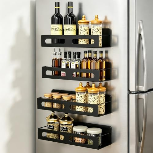 KEBMCHN 4 Stück Magnetisches Gewürzregal für Kühlschrank, Schwarz | Magnetisches Regal，Kühlschrank Magnet Organizer, Duschablage Ohne Bohren, Tassen Regal, Gewürzregal zur Wandmontage