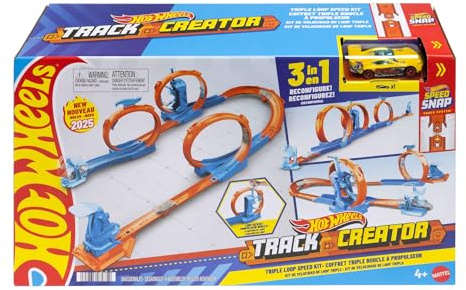 Hot Wheels Toy Car Track Set, Triple Loop Pack & 1:64 Scale Vehicle, Track-Building Components with 3 Loops, Speed Snap Tracks & Adapters