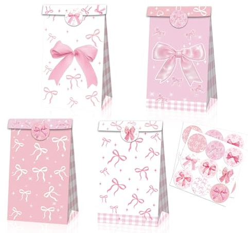 Qpout 12 stycken rosa rosett presentväskor med tätningsklistermärken, rosa festväskor godispåsar