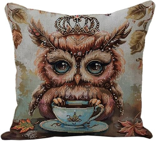 AxiangziK 11CT Kreuzstich Kissen Set,Süße Eule trinkt Kaffee,Stickkissen zum Selbersticken Kreuzstich Kissen zum Basteln Stickkissen mit Vorgedruckt Kreuzstichmotiv,18x18in