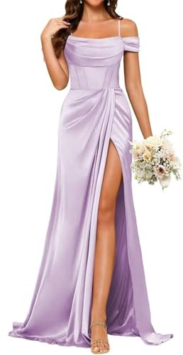 YIANN Lilac Bridesmaid Dresses Long Mermaid Satin Prom Dress with Slit for Women Cold Shoulder Formal Gown UK12