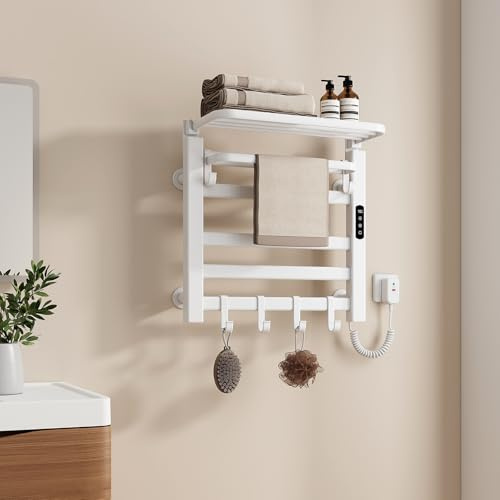EMKE Scaldasalviette Elettrico 500 x 500 mm, Bianco, 140W, Mensola e Ganci | Temperatura Regolabile 30-70°C, Funzione Timer, Memoria di Interruzione di Corrente