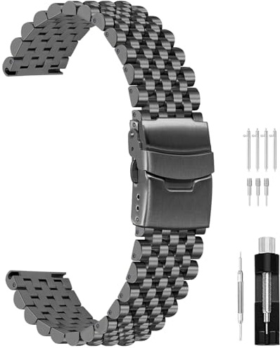 Juntan Klockarmband i rostfritt stål, 22 mm, 7 halva pärlor, mattsvarta klockarmband för män och kvinnor, snabbfrigörande klockarmband, klockarmband med dubbelt vikbart spänne
