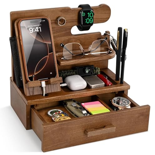 TESLYAR Handy-Dockingstation aus Holz mit Schublade, Nachttisch-Organizer, Schreibtisch-Organizer für Ehemann, Geburtstagsgeschenke für Männer, Vater, Schlüsselhalter, Uhr, Abschiedsgeschenk Lehrerin