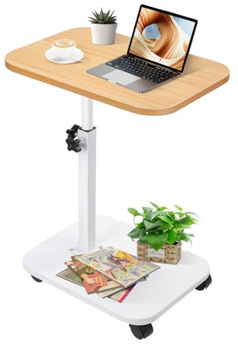 homdat Beistelltisch mit Rollen, Höhenverstellbar (45-80cm), C-Form Design in Ursprüngliche Holzfarbe, 360° Drehbar, Praktischer Couchtisch für Wohnzimmer, Couch & Bett