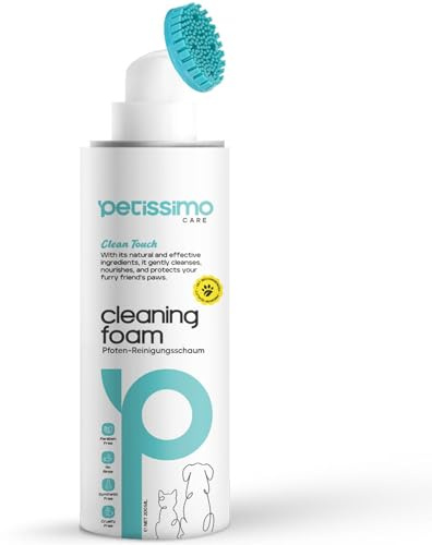 Petissimo Care Pfotenreiniger für Hunde & Katzen 200 ml – Pfotenschaum ohne Wasser mit Bürstenaufsatz – Reinigungsschaum gegen Dreck, Matsch & Streusalz – Hundepfoten Reiniger & Hundezubehör