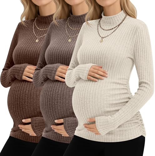 Neer 3 Pack Women's Maternity Tops, Pregnant Long Sleeve Sweaters Mock Turtleneck Pregnancy Shirts Ribbed Knit Mama Clothes(Apricot, Coffee, Brown,Small)