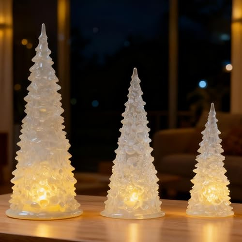 3 Pack White Christmas Tree, Table Top Christmas Tree Set - Lighted Small Xmas Tree Figurines, Acrylic White Mini Christmas Trees for Christmas Table Decor, Mantle, Holiday Party Home Ornament