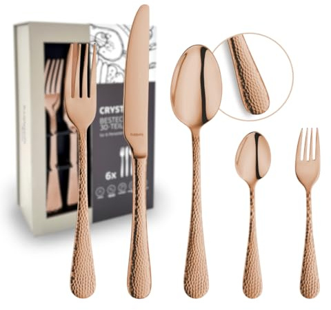 Kuppels CRYSTAL Besteck-Set 30-tlg. rosé, Hammerschlag-Design | Hochwertiges 30-teiliges Besteckset für 6 Personen, je 6x Messer, Gabel, Löffel, Kaffeelöffel und Kuchengabel
