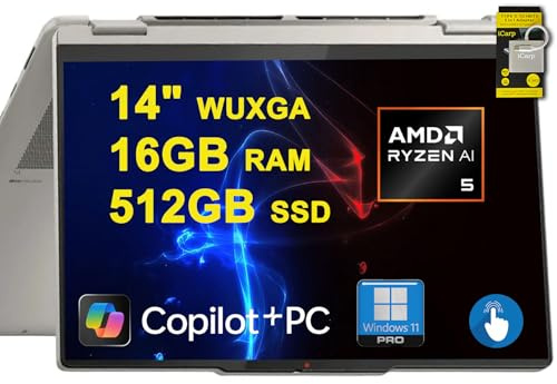 Lenovo Yoga 7 2-in-1 Laptop 14 WUXGA OLED Touch (100% DCI-P3, 600nits HDR) AMD 6-core Ryzen AI 5 340 (Up to 50 Tops) 16GB RAM 512GB SSD for Creator Business Professional Win11Pro ICP Hub
