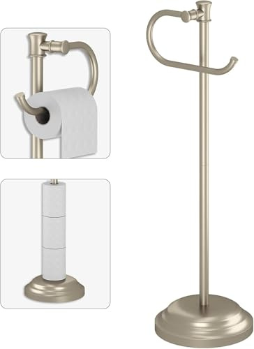 BESy Toilet Paper Holder Floor Stand, Bathroom Freestanding Brushed Nickel | Toilet Tissue Roll Holder, Free Standing Rack with Storage, Weighted Base Accessories, SUS304 Stainless Steel Rustproof