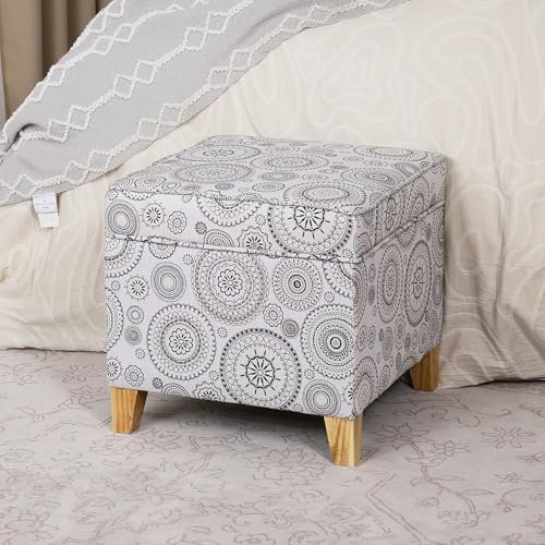 Adeco 17 Square Ottoman with Storage, Small Mandala-Persian Flower Pattern Storage Ottoman Foot Rest with Hinged Lid & Solid Wood Legs, Linen Fabric Foot Stool for Living Room & Bedroom
