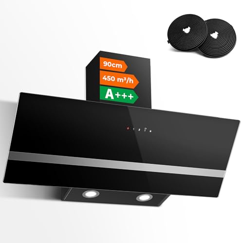 SNDOAS A+++ Hotte Aspirante Inclinée 90cm, Hotte de Cuisine 450 m³/h, Evacuation ou Recyclage, 3 Vitesses + Boost Hotte et Filtre à Charbon Actif, Hotte Murale 90cm Noir