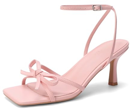 Goderci Kitten Heels with Bow Strappy Heels for Women Square Open Toe Mid Heeled Sandals(8.5,Pink)
