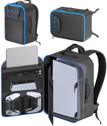 Mochila de Transporte para Consola PS5/Slim/Pro, Bolsa de Almacenamiento para PS5 de Gran Capacidad para Portátil de 16'', Funda para PS5 Accesorio para Mando P5, Auriculares y Discos