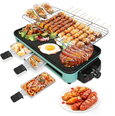 Electric Indoor Grill, 2 in 1 1500W Indoor Grill with Net & Non-Stick Removable Plate, 5 Temperature Control, 3 Raclette Cheese Pans, Dishwasher Safe, BBQ Griddle for Family Party Kitchen