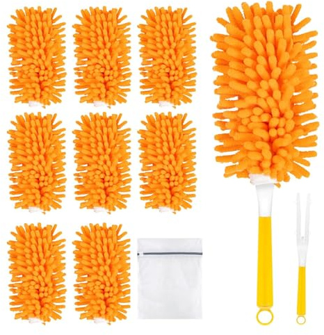 Foonary 8 plumeros lavables con mango y bolsa de lavandería, paquete de recarga magnética para el hogar Swiffer, 360° Heavy Duty Duster para la limpieza en húmedo y en seco