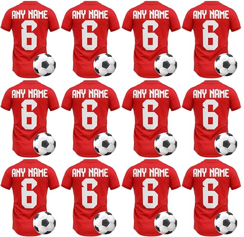 AK Giftshop Personalised Edible Football Shirt Cupcake Toppers – 24 Pack – Custom Name & Number – Wafer Paper Birthday Cake Decorations (RED)