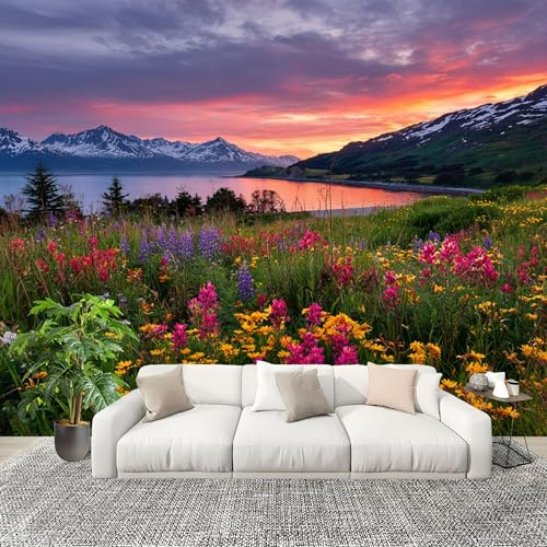 Papel Pintado Panorámico 250x175 cm Naturaleza Mar de Flores Lago Paisaje Fotomurales Tejido No Tejido Decoración de Habitaciones y Salones Habitación Niño Paisaje Poster Murales Panorámica