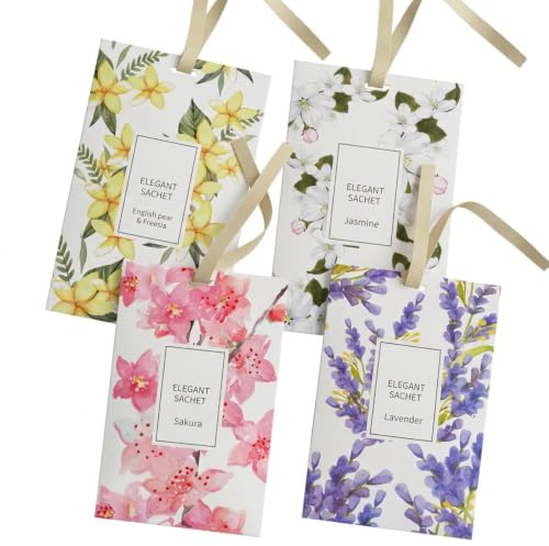4 Pack Floral Scented Sachets, Natural Room Scent Deodorizer, Long Lasting Wardrobe Fresheners and Drawer Liners, Hanging Fragrance Bags for Closets Cars Bathrooms and Clothes Storage