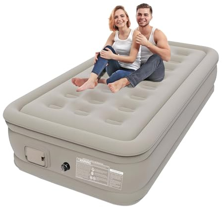 YOBWOK Matelas Gonflable 1 Personne,Matelas Gonflable de Luxe,Lit Gonflable Simple avec Pompe Électrique,Durable et Solide,pour la Maison,Déménagements et invité 190x100x40cm,Beige