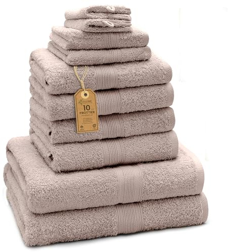 Green Mark Handtuch-Set mit 10 Teilen – 100% Baumwolle – 4 Handtücher 50×100 cm, 2 große Duschtücher 70×140 cm, 2 Gästetücher 30×50 cm und 2 Waschhandschuhe – Sand/Beige