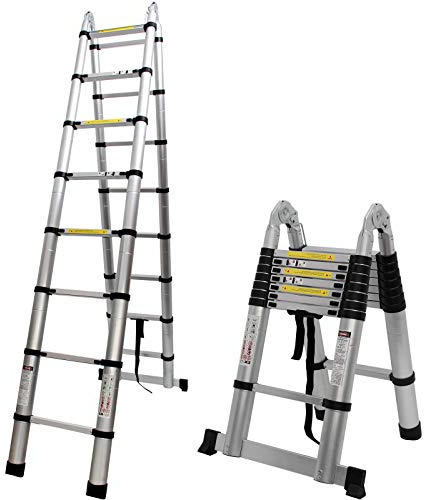 16.5ft Stainless Steel Extension Telescopic Ladder Folding A-Frame 5M 8 Steps or 16 Steps Folding Ladders Multi-Use with Certificate EN131 Max Load 330lb, Multi-Purpose