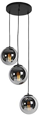 Qazqa Art Deco Pendelleuchte, Pendellampe - Pallon - Schwarz mit Rauchglas, 3-flammig, 45cm,
