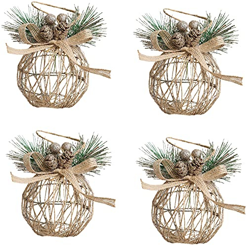 Flueyer Juego de adornos de bolas artificiales para árbol de Navidad, 4 piezas de decoración colgante con piña, adornos de bola hueca para regalos, decoraciones festivas de árbol de Navidad