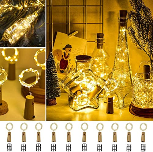 ooklee 10 Pack Warm White Bottle Lights with Cork, 2M 20 LEDs, Waterproof | Copper Wire Wine Bottle Lights Battery Operated Suitable for Party, Xmas, Birthday, Table, Jars, DIY Decor, Indoor/Outdoor
