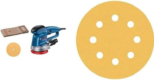 Bosch Professional Exzenterschleifer GEX 34-125 (Schleifteller-⌀ 125 mm, im Karton) + 6x Schleifpapier-Sets Expert C470 8 Loch (für Hartholz, Farbe auf Holz, Ø 125 mm, Körnung 60/120/240, Zubehör)