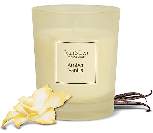 Jean & Len Duftkerze Amber & Vanilla, für gemütliche Abende Zuhause, Handgemachte Duftkerze mit herb-zartem Amber & Vanille Duft, Kerze im stylischen Glas, vegan, 120 g