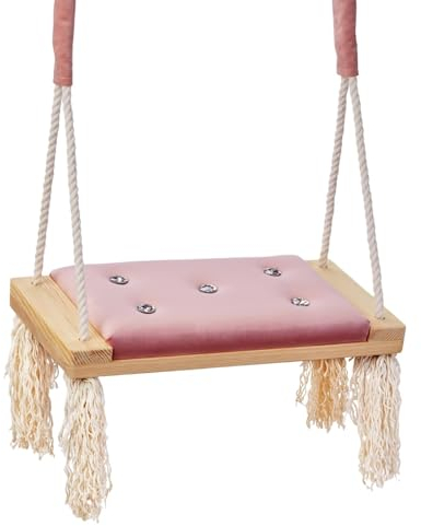 Love Gifts® Children's Swing from 5 Years Made of Wood, Also Suitable as an Indoor Swing, Can be Mounted on the Ceiling and in the Door Frame, Pink with Glass Stones
