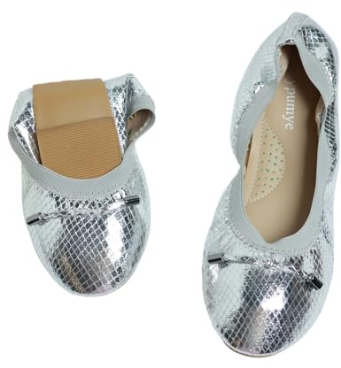 ERLINGO Zapatos planos de ballet plegables para mujer, elegantes zapatos enrollables con lazo y elástico, Silver, 36 EU