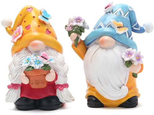 Hodao 2PCS Spring Gnomes Decorations Flower Gnome Ornaments Decor Gifts Summer Figurines Spring Couple Gnomes for Outdoor Garden Decor Birthday Gifts for Mom, Grandma, Women
