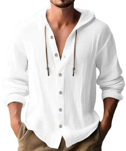 Chemise Lin Homme Manches Longues Chemise Décontractée Coton Chemises Hommes Couleur Unie Business Casual Bouton Shirts Regular Fit à Capuche Blouse Haut Boutonné Hoodie Drawstring Cotton