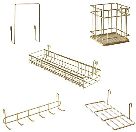 PEAUARL Metal Mesh Wall Grid Panel Hanging Basket,Display shelf,Pen Holder,Hooks Rack,Bookshelf,Decorative Desk Storage Organizer For Office,Study,Set of 5 (Gold)