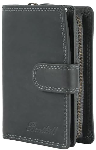 Benthill Geldbörse Damen Leder | Geldbeutel mit RFID Schutz aus Rindsleder | Portmonee mit 8 Kartenfächer Mittelgroß | Echt Leder Slim-Wallet Vintage inkl. Geschenkbox, Farbe:Olive - Grau