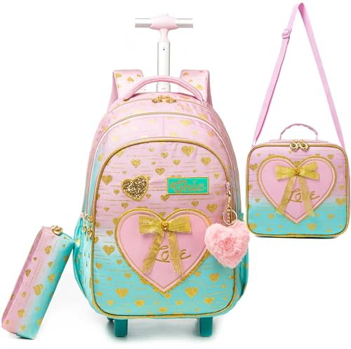 HTgroce Schulranzen mit Rollen für Mädchen, Kinderrucksack mit Rollen Trolley Schulrucksack für Mädchen,Schultrolley Rucksäcke Kinder Schulrucksack Schultasche mit Rollen ab 7 jahren